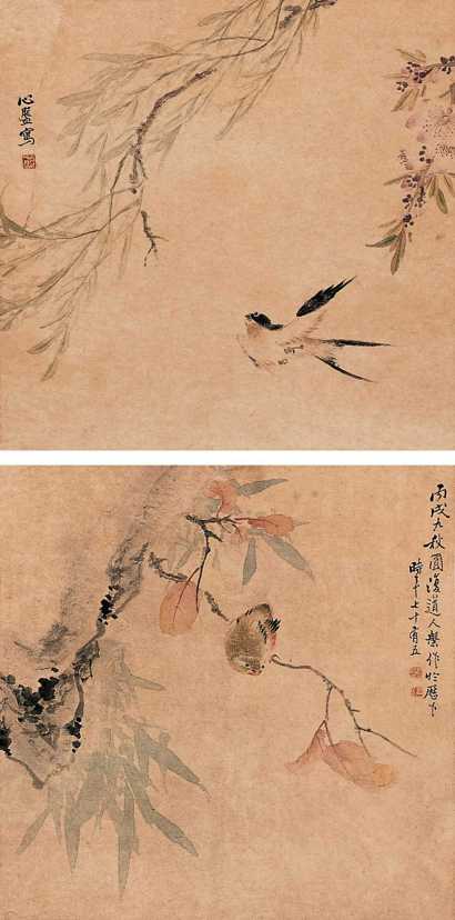 张盘 1874年作 花鸟（两帧） 立轴